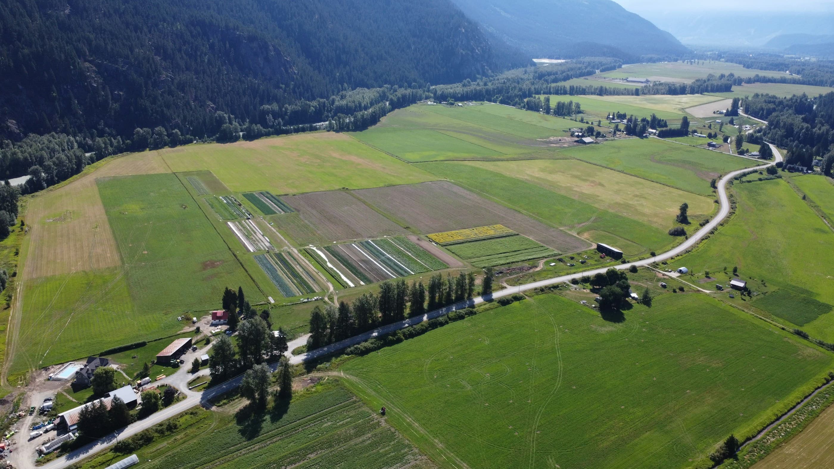 Aerial view of farmland in a British Columbia mountain valley